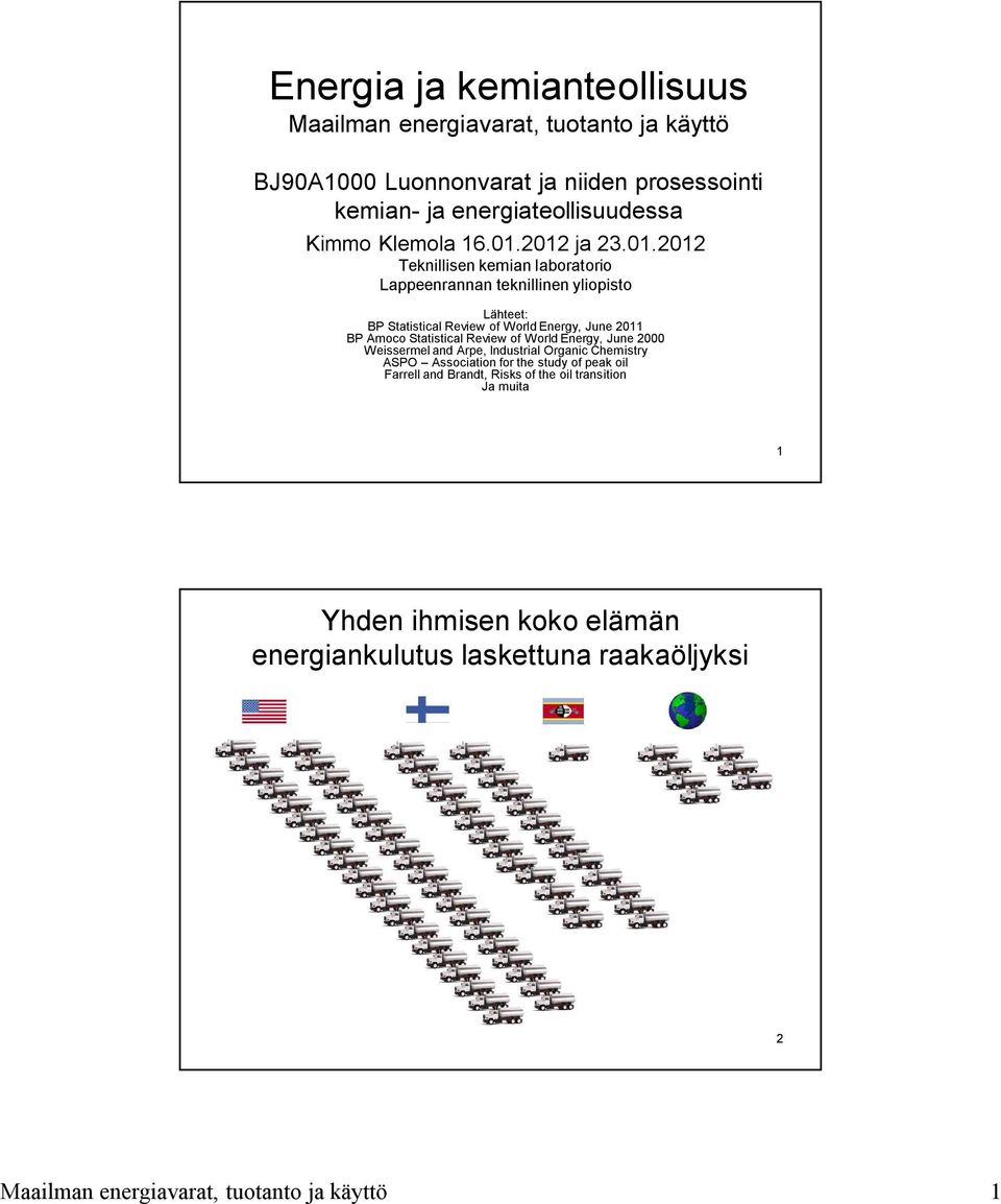 2012 ja 23.01.2012 Teknillisen kemian laboratorio Lappeenrannan teknillinen yliopisto Lähteet: BP Statistical Review of World Energy, June 2011 BP Amoco