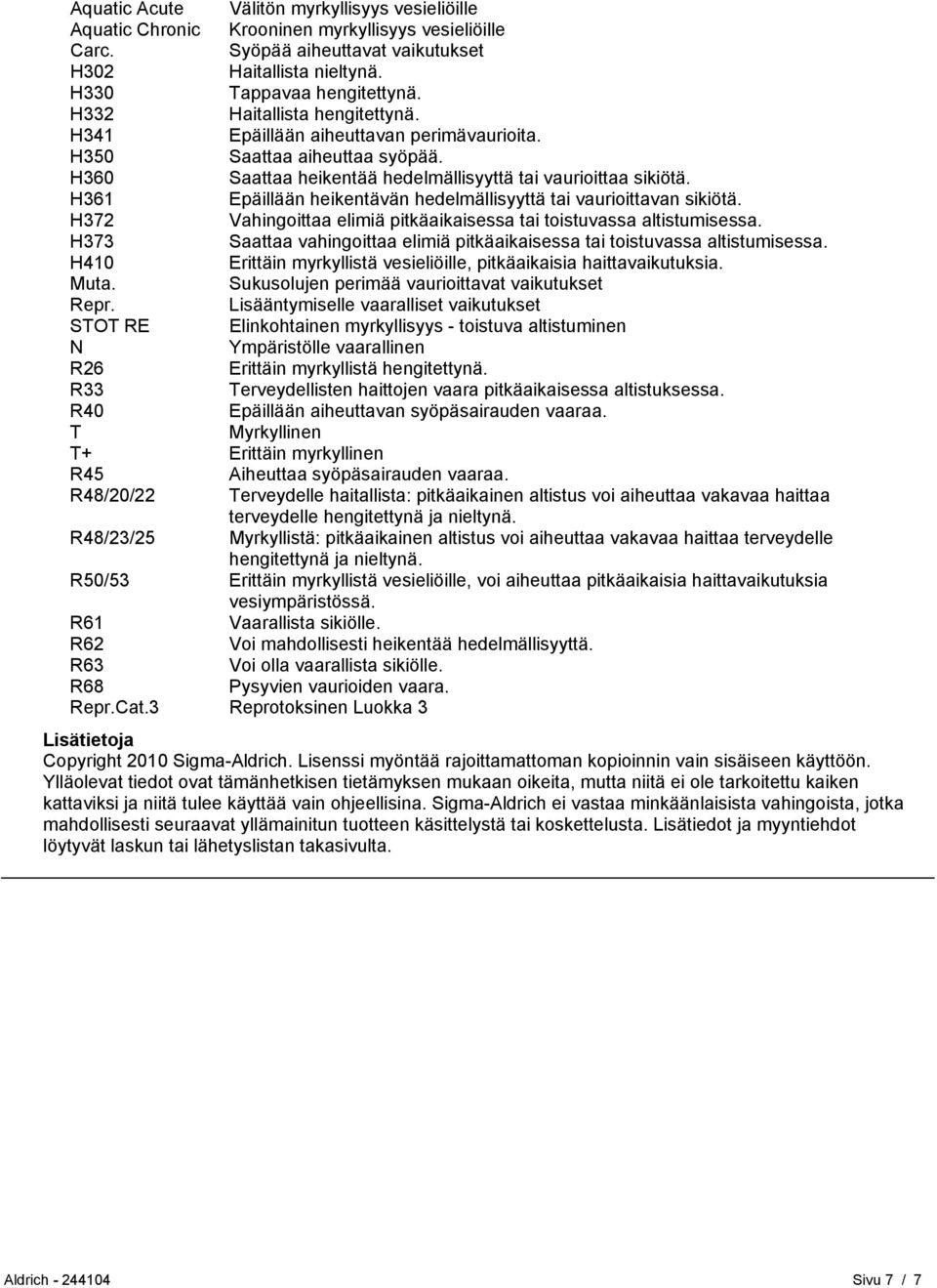 H361 Epäillään heikentävän hedelmällisyyttä tai vaurioittavan sikiötä. H372 Vahingoittaa elimiä pitkäaikaisessa tai toistuvassa altistumisessa.