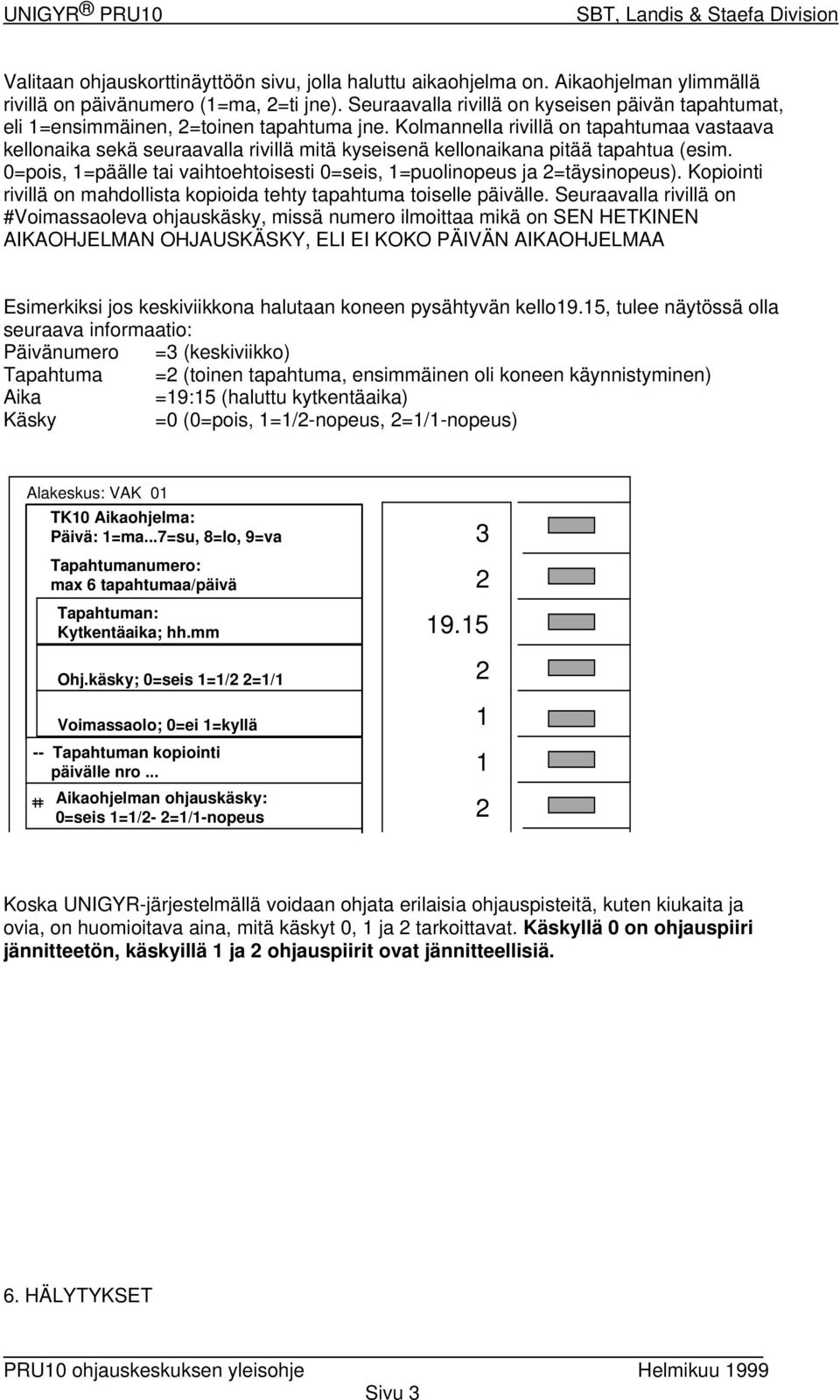 Kolmannella rivillä on tapahtumaa vastaava kellonaika sekä seuraavalla rivillä mitä kyseisenä kellonaikana pitää tapahtua (esim.