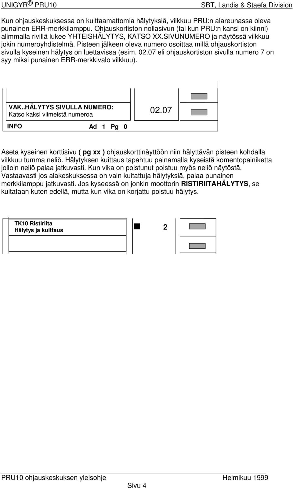 Pisteen jälkeen oleva numero osoittaa millä ohjauskortiston sivulla kyseinen hälytys on luettavissa (esim. 0.07 eli ohjauskortiston sivulla numero 7 on syy miksi punainen ERR-merkkivalo vilkkuu). VAK.