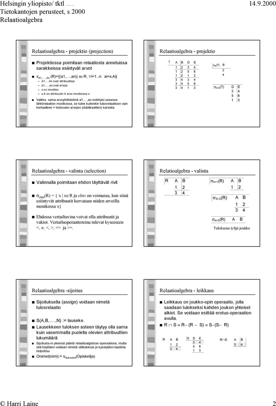 a on attribuutin A arvo monikossa x Vaikka sama arvoyhdistelmä a1,,an esiintyisi useassa lähtörelaation monikossa, se tulee kuitenkin tulosrelaatioon vain kertaalleen = toistuvien arvojen