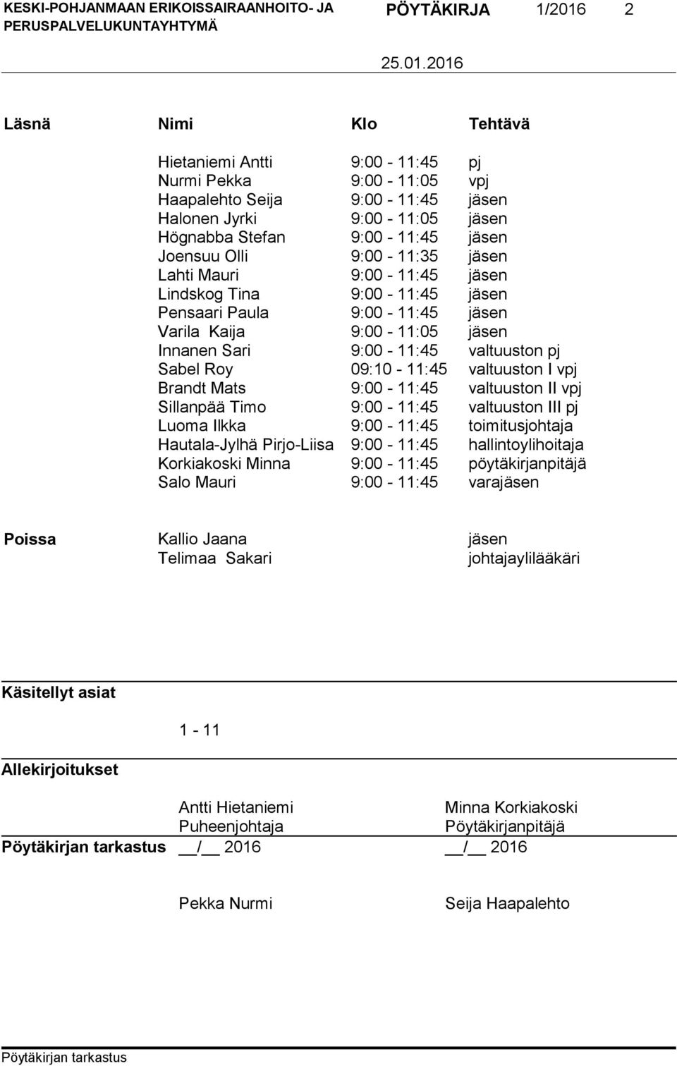 09:10-11:45 valtuuston I vpj Brandt Mats 9:00-11:45 valtuuston II vpj Sillanpää Timo 9:00-11:45 valtuuston III pj Luoma Ilkka 9:00-11:45 toimitusjohtaja Hautala-Jylhä Pirjo-Liisa 9:00-11:45
