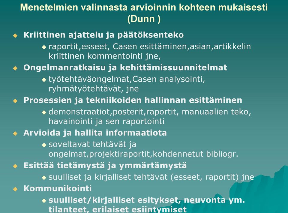 demonstraatiot,posterit,raportit, manuaalien teko, havainointi ja sen raportointi Arvioida ja hallita informaatiota soveltavat tehtävät ja