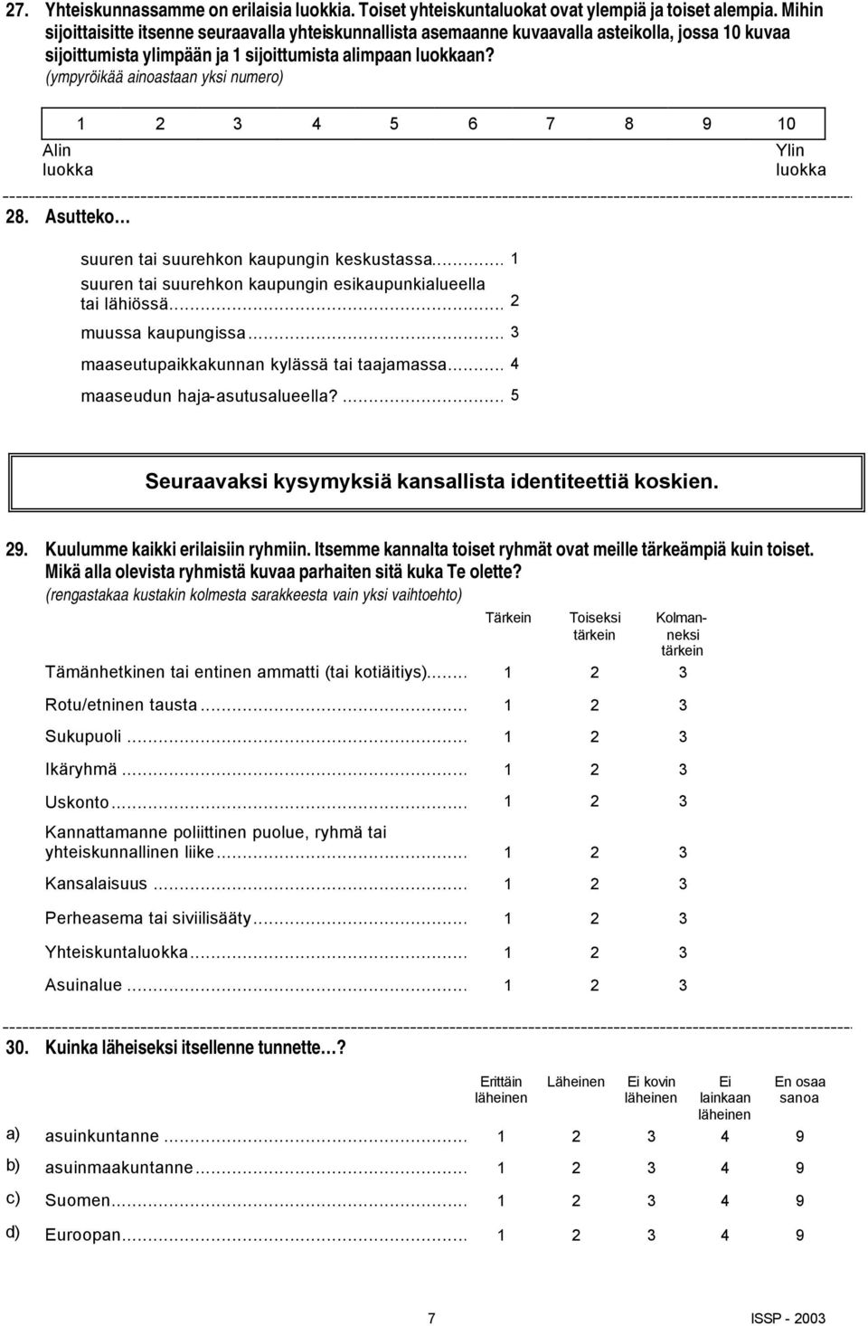 (ympyröikää ainoastaan yksi numero) Alin luokka 28. Asutteko 1 2 3 4 5 6 7 8 9 10 suuren tai suurehkon kaupungin keskustassa... 1 suuren tai suurehkon kaupungin esikaupunkialueella tai lähiössä.