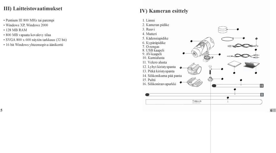 Ruuvi 4. Mutteri 16 5. Kädensiapidike 6. Kypäräpidike 7. O-rengas 8. USB kaapeli 9. AV-kaapeli 9 10. Kumialusta 1 11.