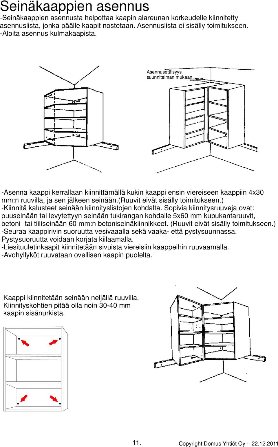 (ruuvit eivät sisälly toimitukseen.) -Kiinnitä kalusteet seinään kiinnityslistojen kohdalta.