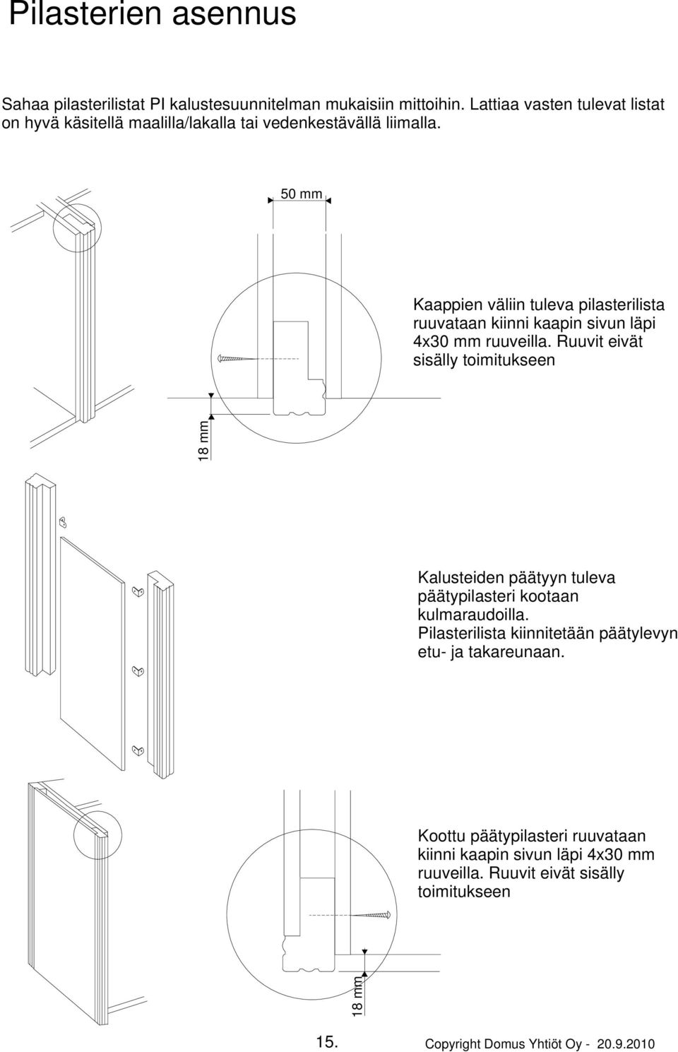 50 mm Kaappien väliin tuleva pilasterilista ruuvataan kiinni kaapin sivun läpi 4x30 mm ruuveilla.