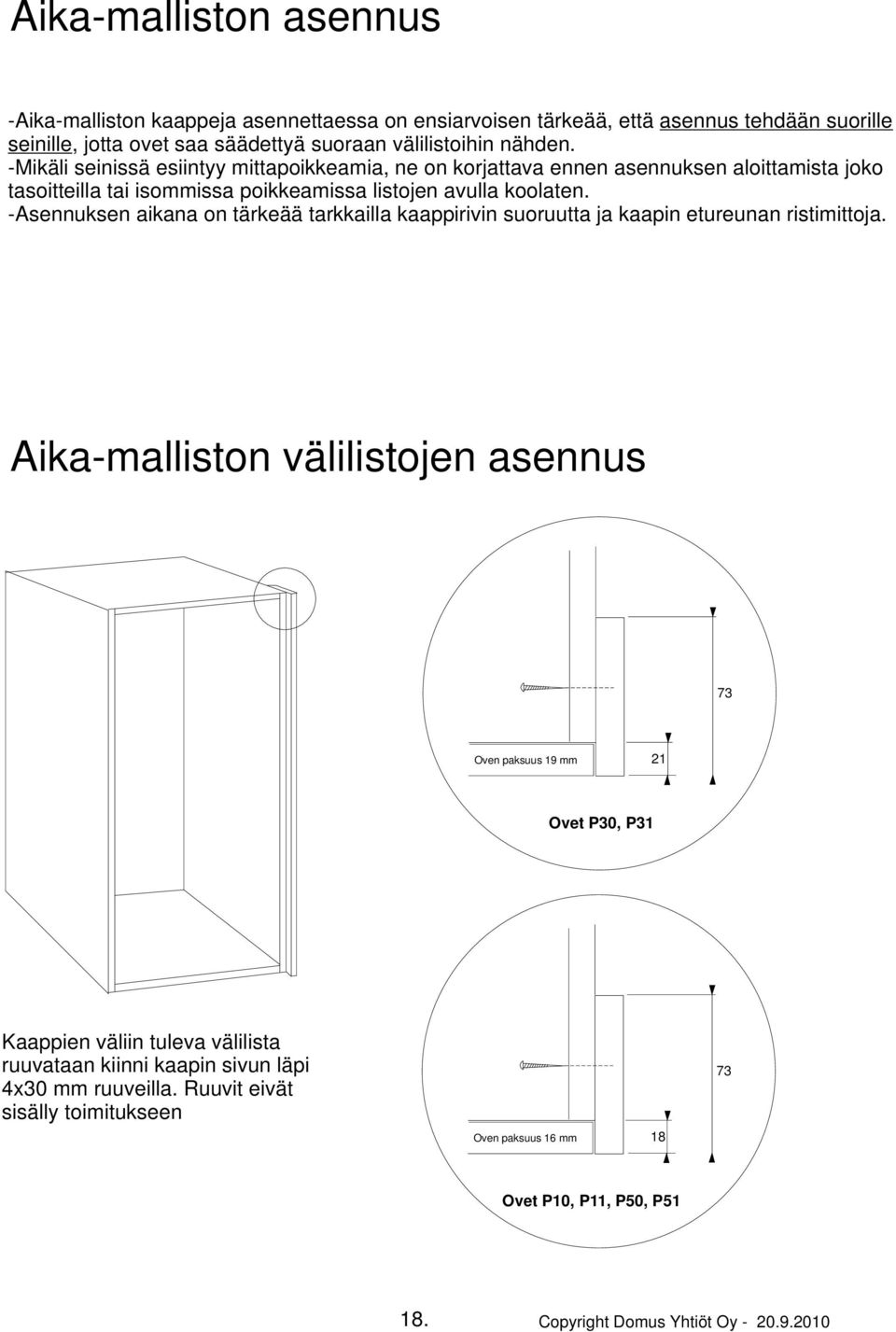 -Asennuksen aikana on tärkeää tarkkailla kaappirivin suoruutta ja kaapin etureunan ristimittoja.