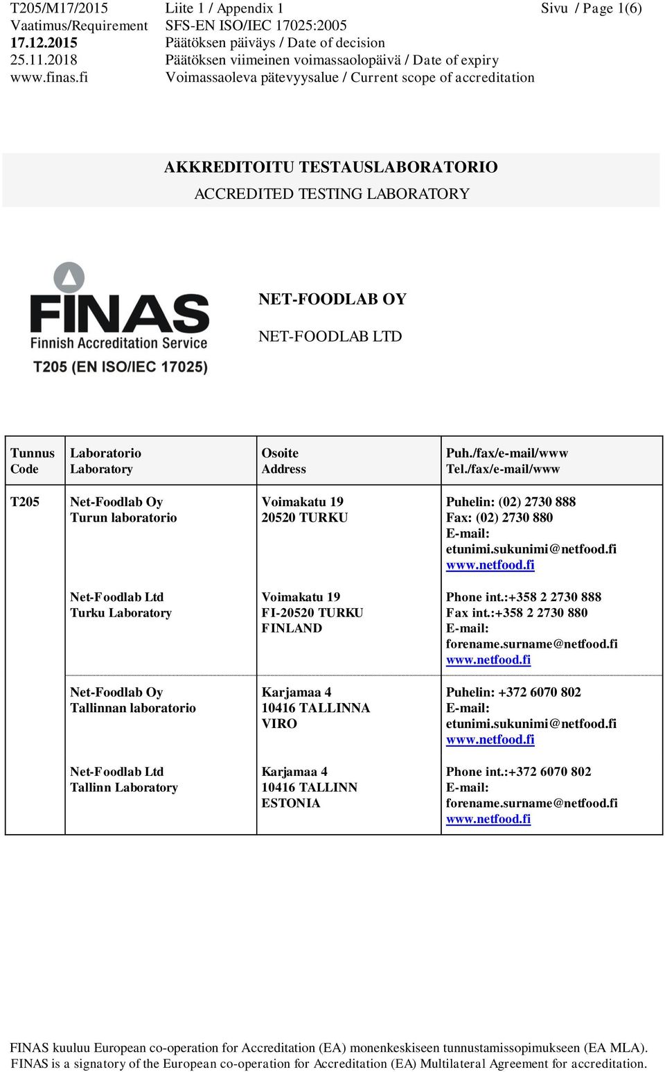 fi Net-lab Ltd Turku Laboratory Voimakatu 19 FI-20520 TURKU FINLAND Phone int.:+358 2 2730 888 Fax int.:+358 2 2730 880 forename.surname@netfood.