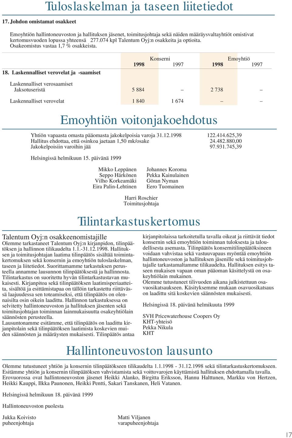 Laskennalliset verovelat ja -saamiset Konserni Emoyhtiö 1998 1997 1998 1997 Laskennalliset verosaamiset Jaksotuseristä 5 884 2 738 Laskennalliset verovelat 1 840 1 674 Emoyhtiön voitonjakoehdotus