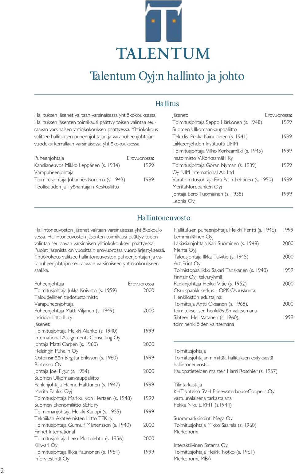 Yhtiökokous valitsee hallituksen puheenjohtajan ja varapuheenjohtajan vuodeksi kerrallaan varsinaisessa yhtiökokouksessa. Puheenjohtaja Erovuorossa: Kanslianeuvos Mikko Leppänen (s.