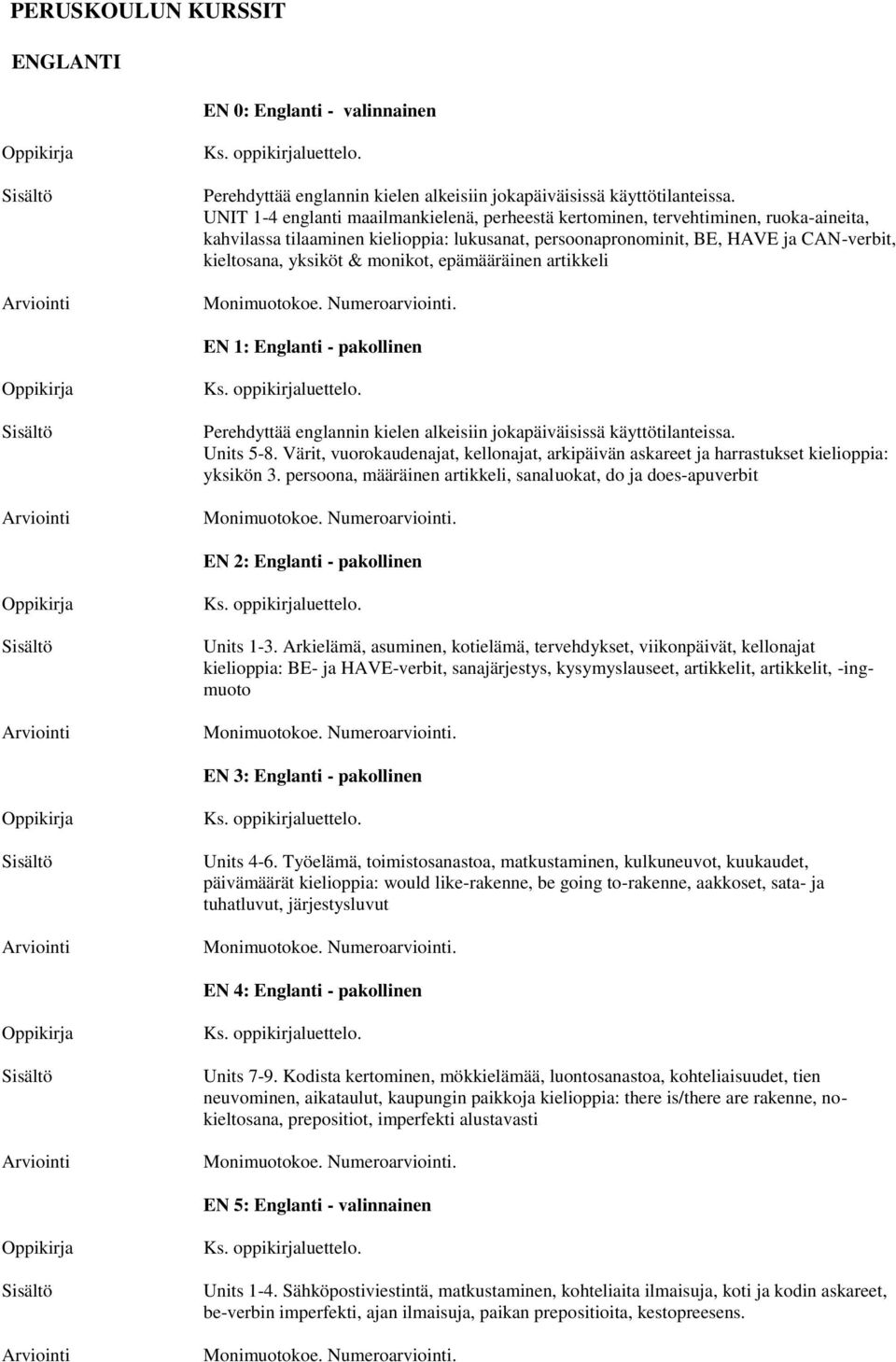 monikot, epämääräinen artikkeli Monimuotokoe. Numeroarviointi. EN 1: Englanti - pakollinen Perehdyttää englannin kielen alkeisiin jokapäiväisissä käyttötilanteissa. Units 5-8.