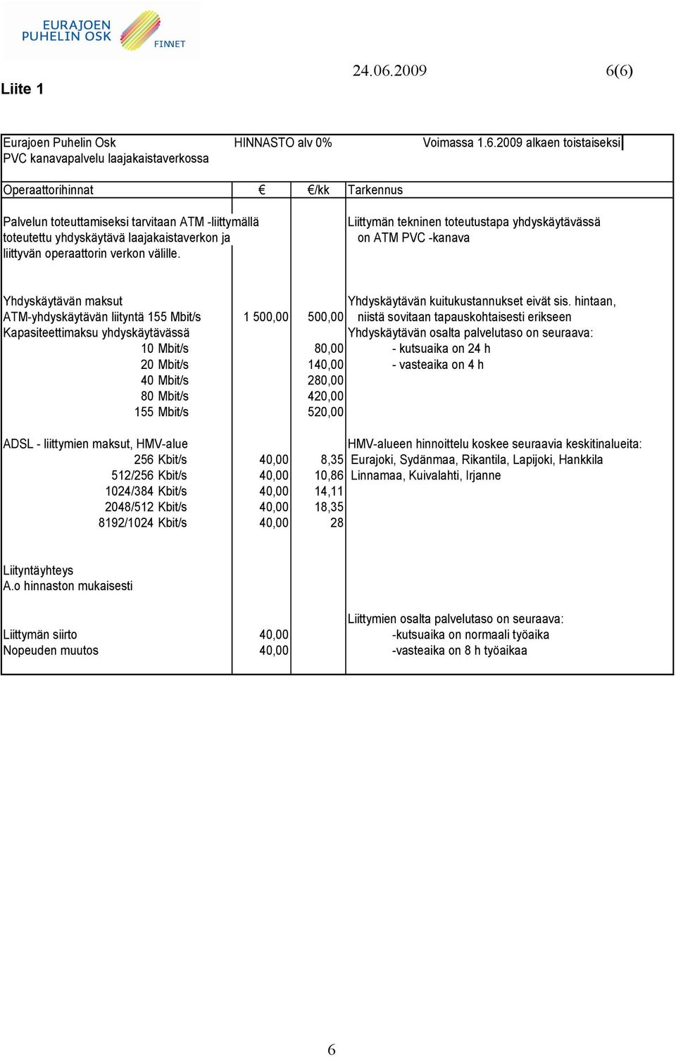 6) Eurajoen Puhelin Osk HINNASTO alv 0% Voimassa 1.6.2009 alkaen toistaiseksi PVC kanavapalvelu laajakaistaverkossa Operaattorihinnat /kk Tarkennus Palvelun toteuttamiseksi tarvitaan ATM -liittymällä