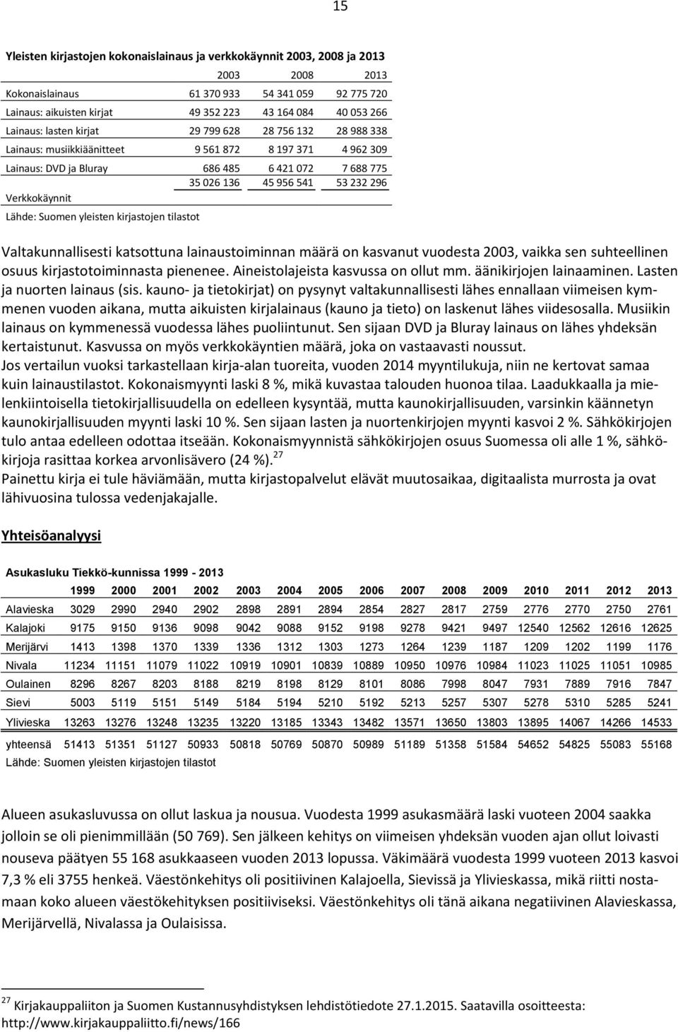 Verkkokäynnit Lähde: Suomen yleisten kirjastojen tilastot Valtakunnallisesti katsottuna lainaustoiminnan määrä on kasvanut vuodesta 2003, vaikka sen suhteellinen osuus kirjastotoiminnasta pienenee.