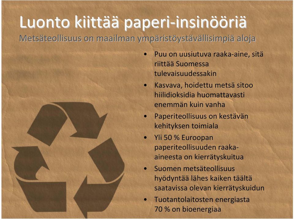 enemmän kuin vanha Paperiteollisuus on kestävän kehityksen toimiala Yli 50 % Euroopan paperiteollisuuden raakaaineesta on