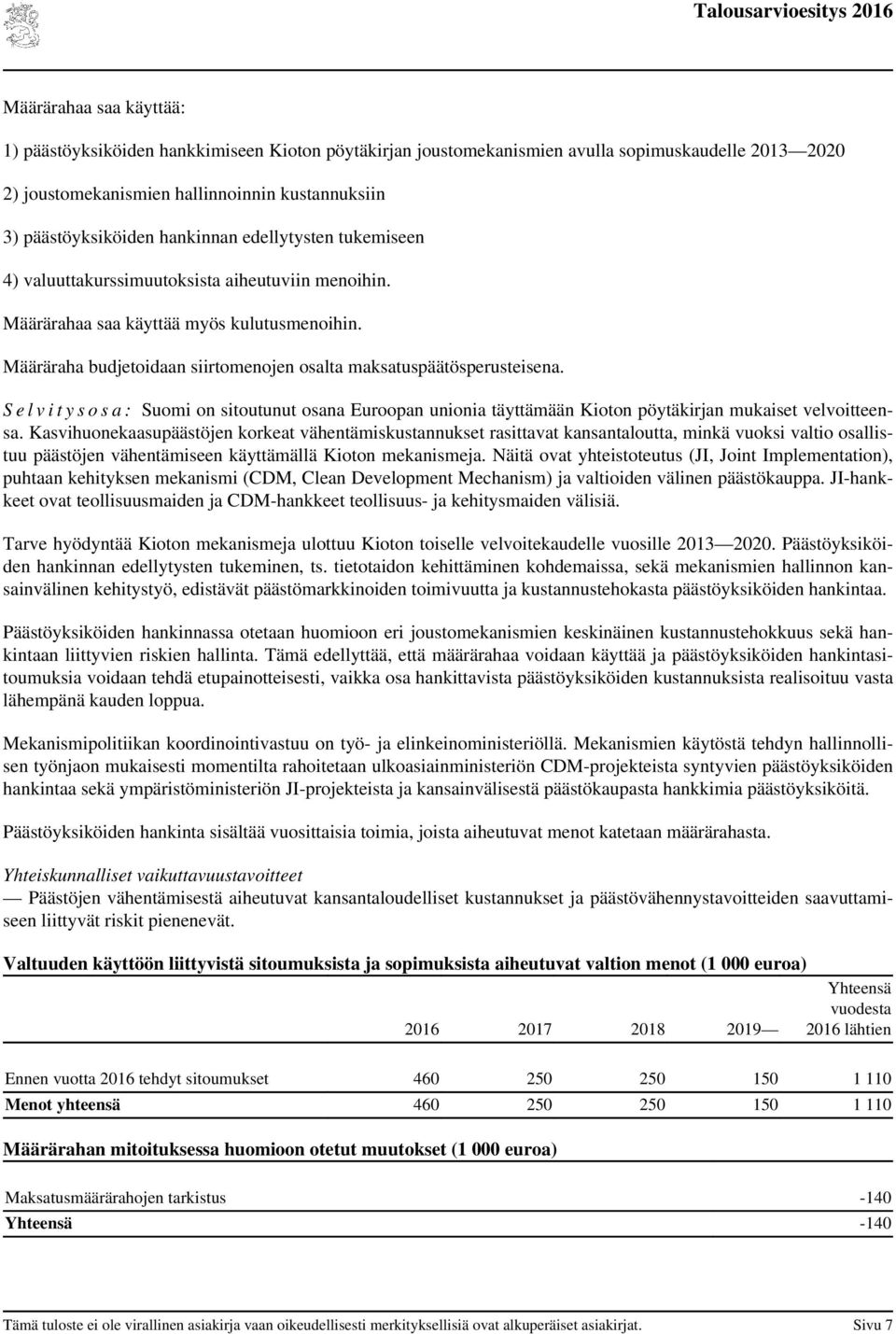 Määräraha budjetoidaan siirtomenojen osalta maksatuspäätösperusteisena. S e l v i t y s o s a : Suomi on sitoutunut osana Euroopan unionia täyttämään Kioton pöytäkirjan mukaiset velvoitteensa.