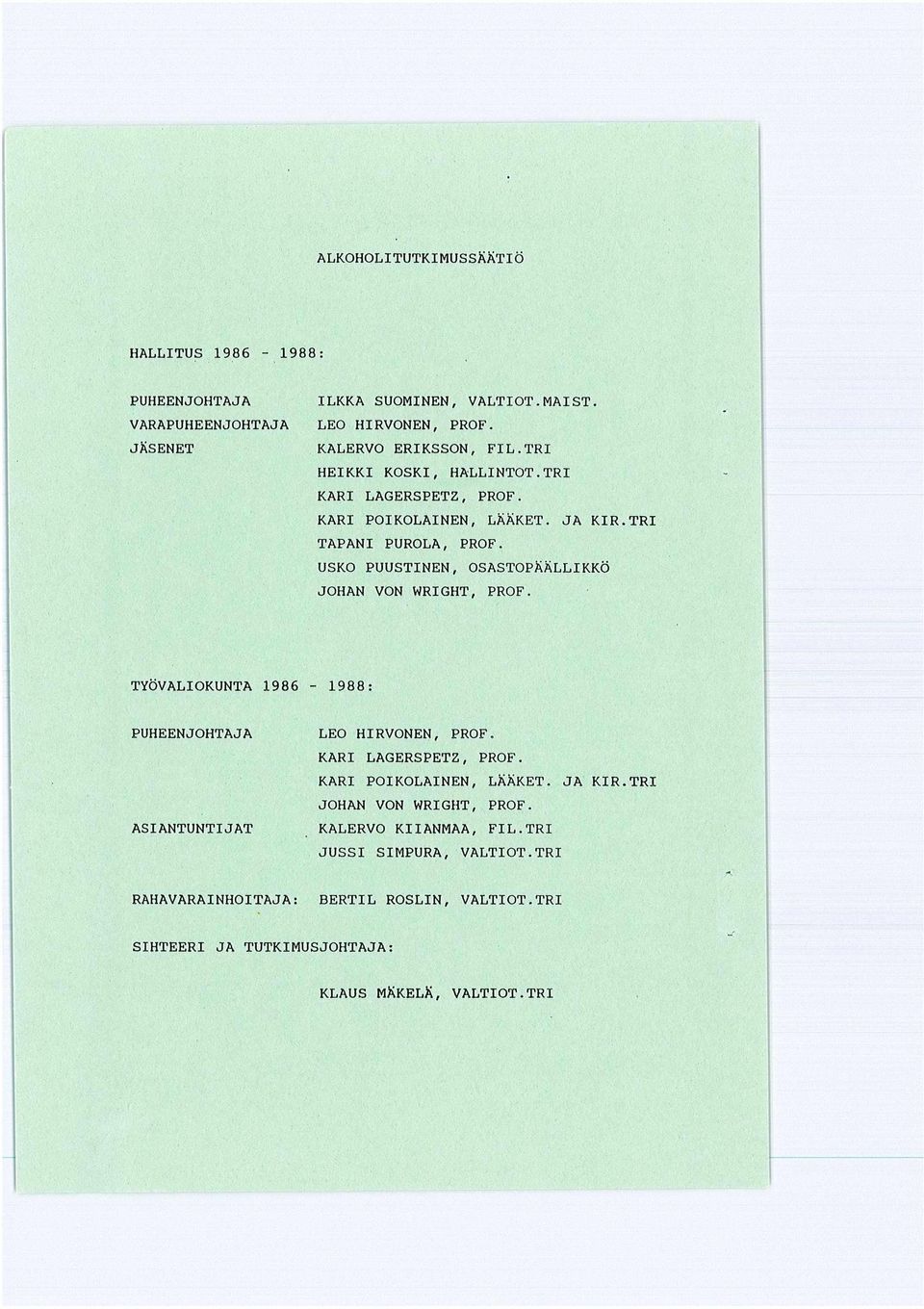 USKO PUUSTINEN, OSASTOPÄÄLLIKKÖ JOHAN VON WRIGHT, PROF. TYÖVALIOKUNTA 1986 1988: PUHEENJOHTAJA ASIANTUNTIJAT RAHAVARAINHOITAJA: LEO HIRVONEN, PROF.