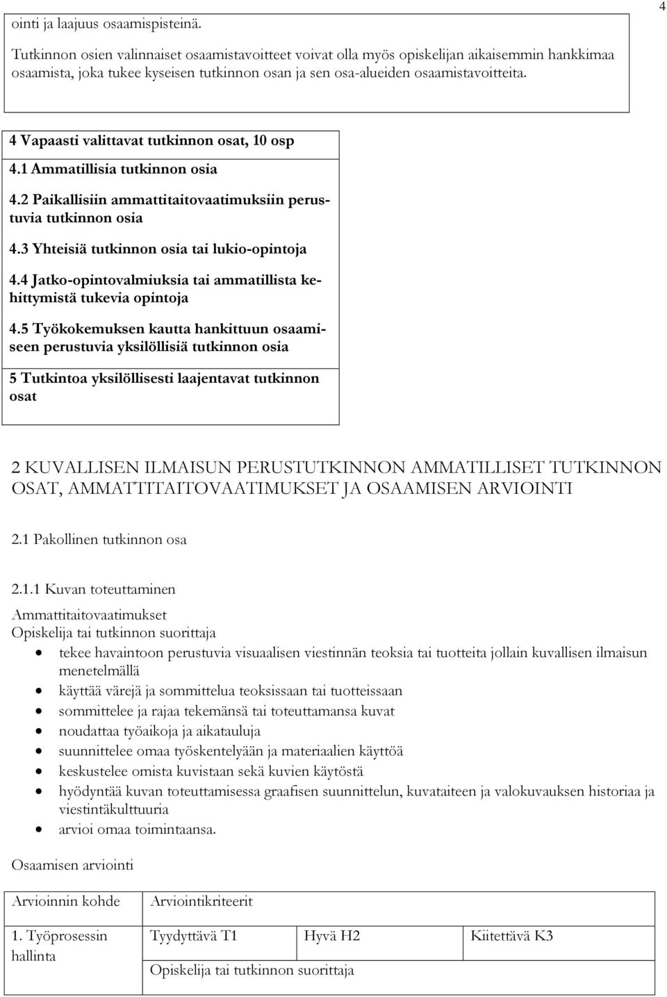 4 Vapaasti valittavat tutkinnon osat, 10 osp 4.1 Ammatillisia tutkinnon osia 4.2 Paikallisiin ammattitaitovaatimuksiin perustuvia tutkinnon osia 4.3 Yhteisiä tutkinnon osia tai lukio-opintoja 4.