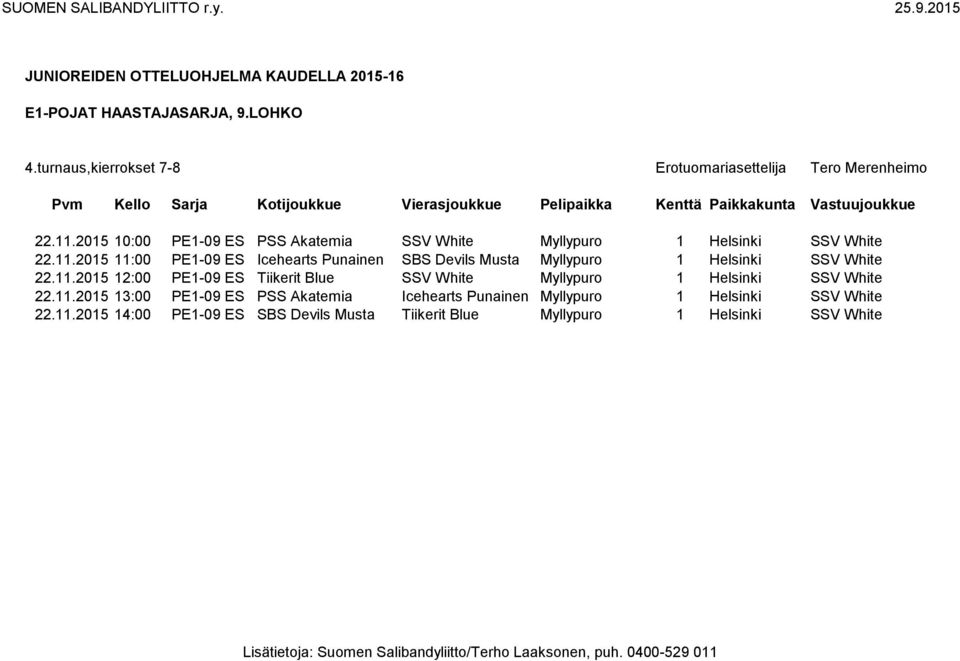 2015 11:00 PE1-09 ES Icehearts Punainen SBS Devils Musta Myllypuro 1 Helsinki SSV White 22.11.2015 12:00 PE1-09 ES Tiikerit Blue SSV White Myllypuro 1 Helsinki SSV White 22.