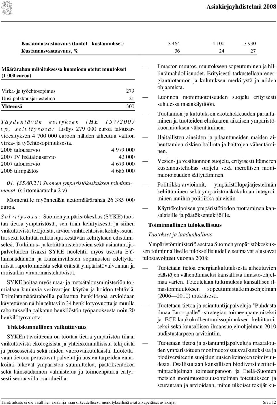 aiheutuu valtion virka- ja työehtosopimuksesta. talousarvio 4 979 000 IV lisätalousarvio 43 000 talousarvio 4 679 000 tilinpäätös 4 685 000 04. (35.60.