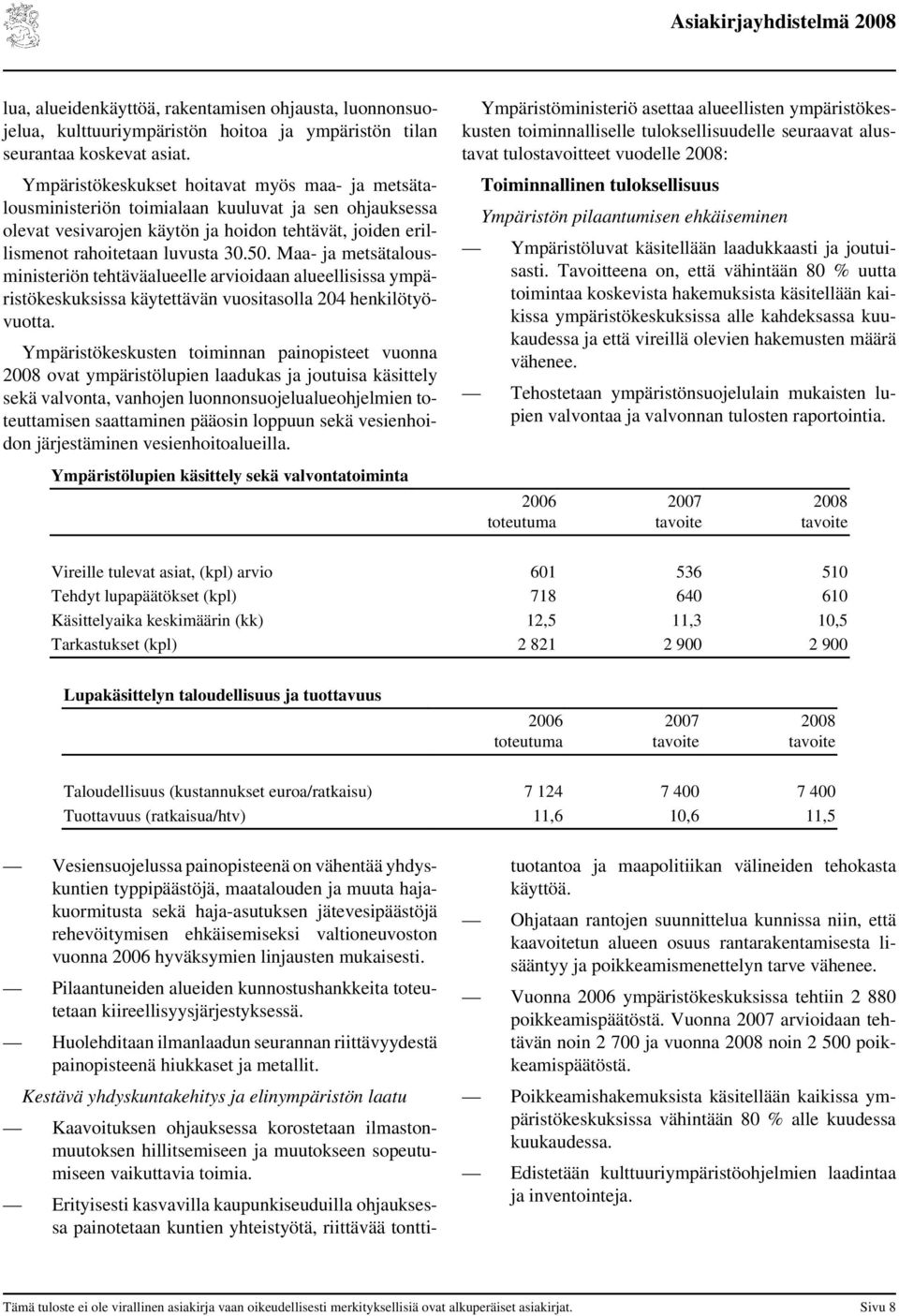 Maa- ja metsätalousministeriön tehtäväalueelle arvioidaan alueellisissa ympäristökeskuksissa käytettävän vuositasolla 204 henkilötyövuotta.