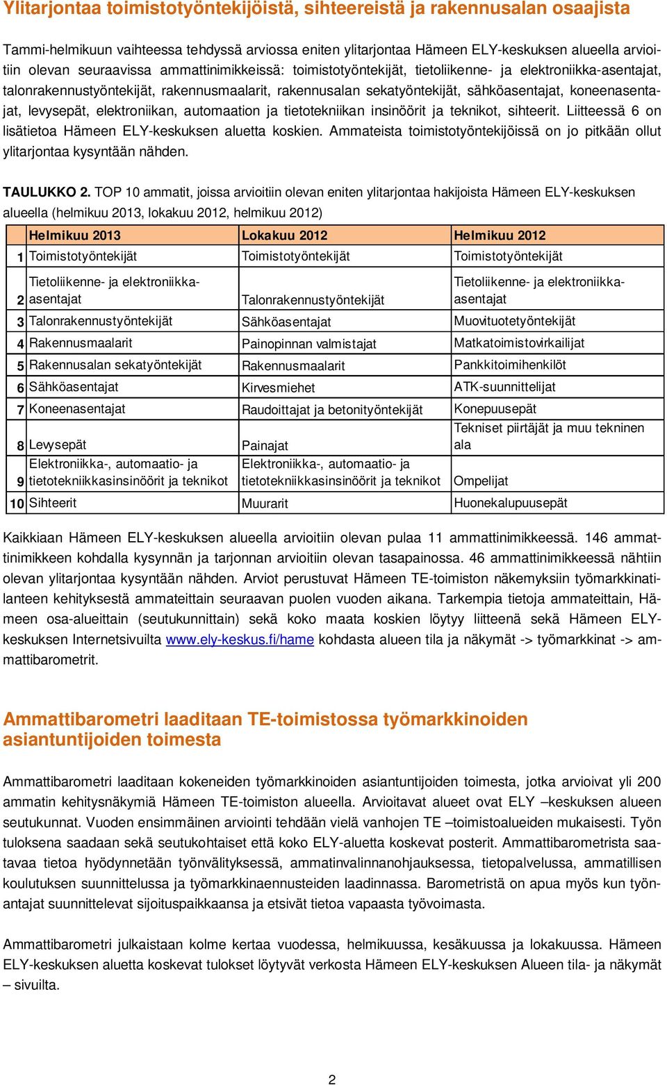koneenasentajat, levysepät, elektroniikan, automaation ja tietotekniikan insinöörit ja teknikot, sihteerit. Liitteessä 6 on lisätietoa Hämeen ELY-keskuksen aluetta koskien.