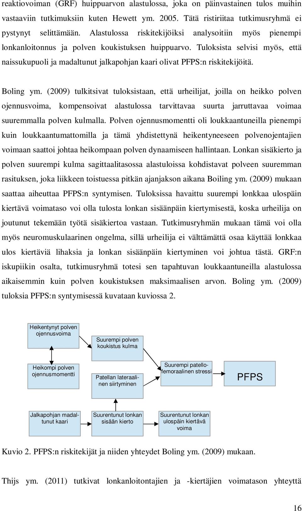 Tuloksista selvisi myös, että naissukupuoli ja madaltunut jalkapohjan kaari olivat PFPS:n riskitekijöitä. Boling ym.