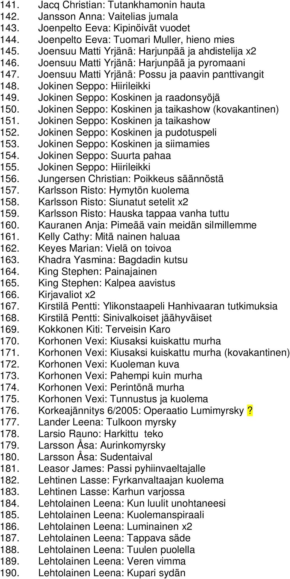 Jokinen Seppo: Koskinen ja raadonsyöjä 150. Jokinen Seppo: Koskinen ja taikashow (kovakantinen) 151. Jokinen Seppo: Koskinen ja taikashow 152. Jokinen Seppo: Koskinen ja pudotuspeli 153.