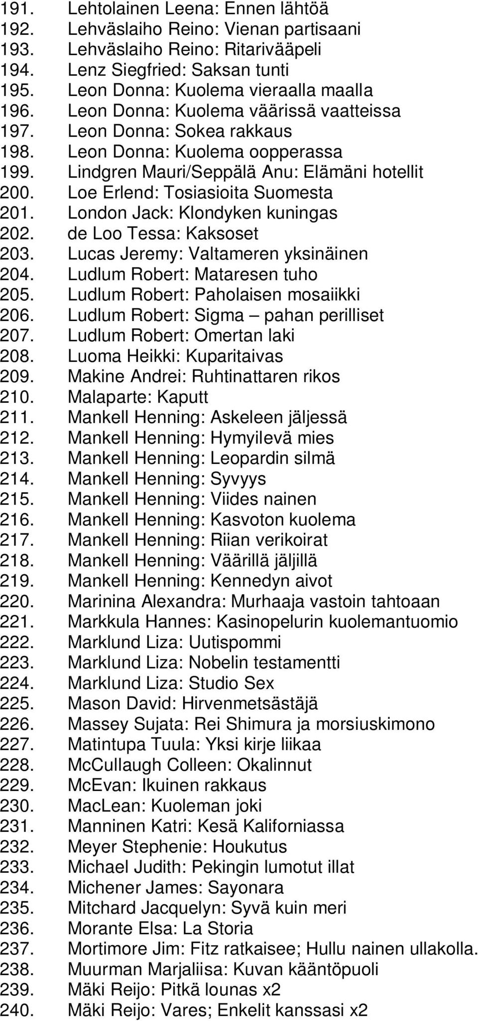 London Jack: Klondyken kuningas 202. de Loo Tessa: Kaksoset 203. Lucas Jeremy: Valtameren yksinäinen 204. Ludlum Robert: Mataresen tuho 205. Ludlum Robert: Paholaisen mosaiikki 206.