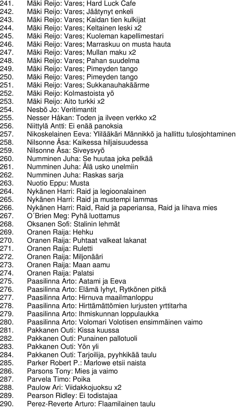 Mäki Reijo: Vares; Pimeyden tango 250. Mäki Reijo: Vares; Pimeyden tango 251. Mäki Reijo: Vares; Sukkanauhakäärme 252. Mäki Reijo: Kolmastoista yö 253. Mäki Reijo: Aito turkki x2 254.