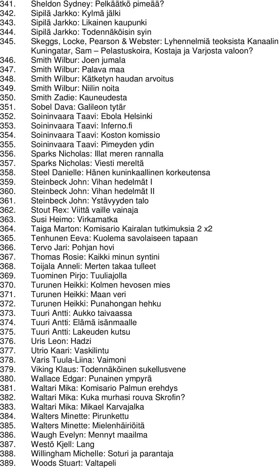 Smith Wilbur: Kätketyn haudan arvoitus 349. Smith Wilbur: Niilin noita 350. Smith Zadie: Kauneudesta 351. Sobel Dava: Galileon tytär 352. Soininvaara Taavi: Ebola Helsinki 353.