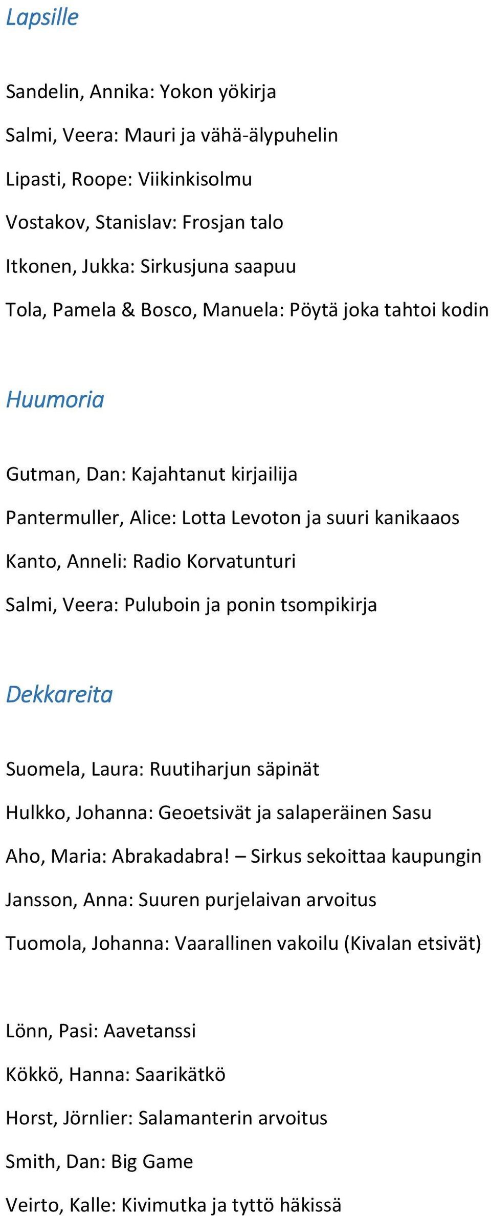 tsompikirja Dekkareita Suomela, Laura: Ruutiharjun säpinät Hulkko, Johanna: Geoetsivät ja salaperäinen Sasu Aho, Maria: Abrakadabra!