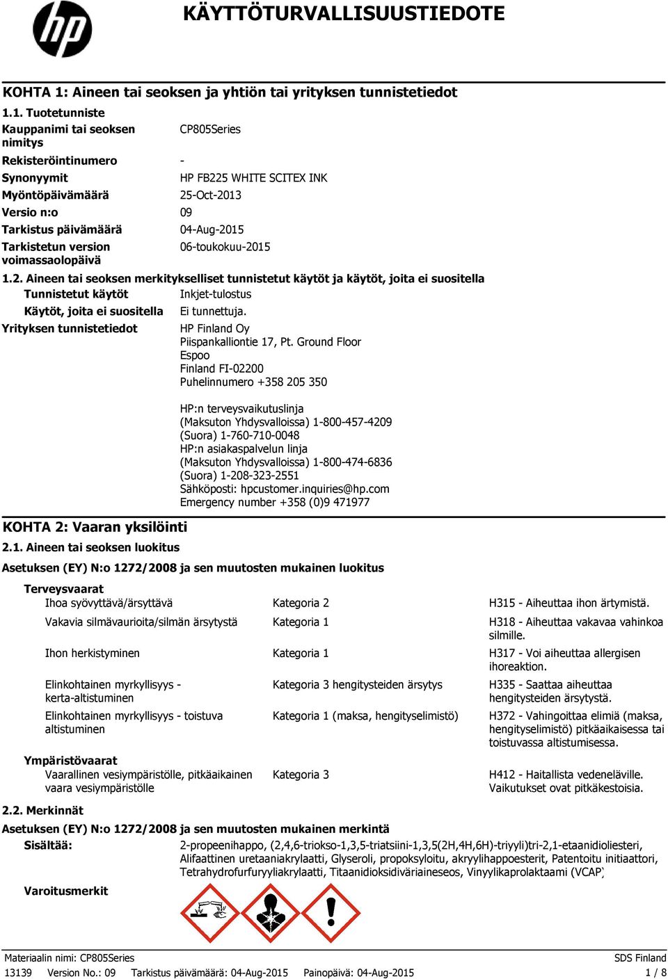 1. Tuotetunniste Kauppanimi tai seoksen nimitys Rekisteröintinumero Synonyymit Myöntöpäivämäärä Versio n:o 09 Tarkistus päivämäärä Tarkistetun version voimassaolopäivä CP805Series HP FB225 WHITE