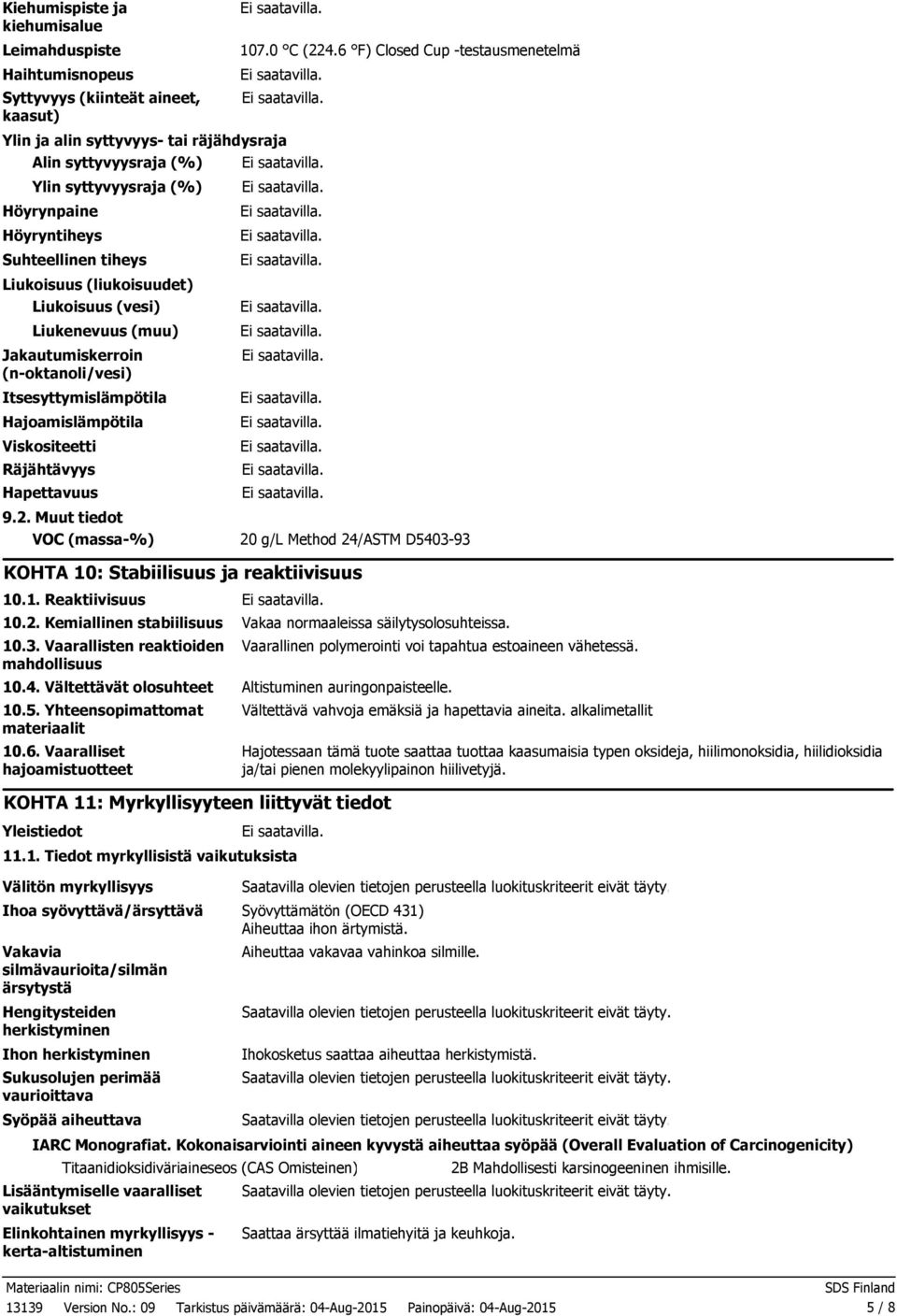 Liukoisuus (vesi) Liukenevuus (muu) Jakautumiskerroin (noktanoli/vesi) Itsesyttymislämpötila Hajoamislämpötila Viskositeetti Räjähtävyys Hapettavuus 9.2.