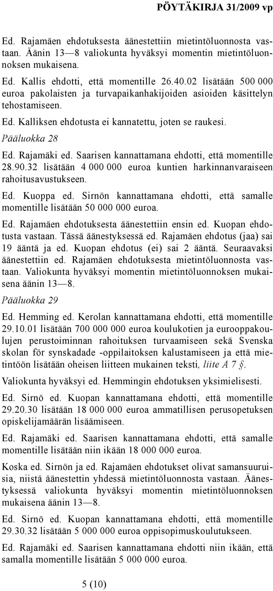 Saarisen kannattamana ehdotti, että momentille 28.90.32 lisätään 4 000 000 euroa kuntien harkinnanvaraiseen rahoitusavustukseen. Ed. Kuoppa ed.