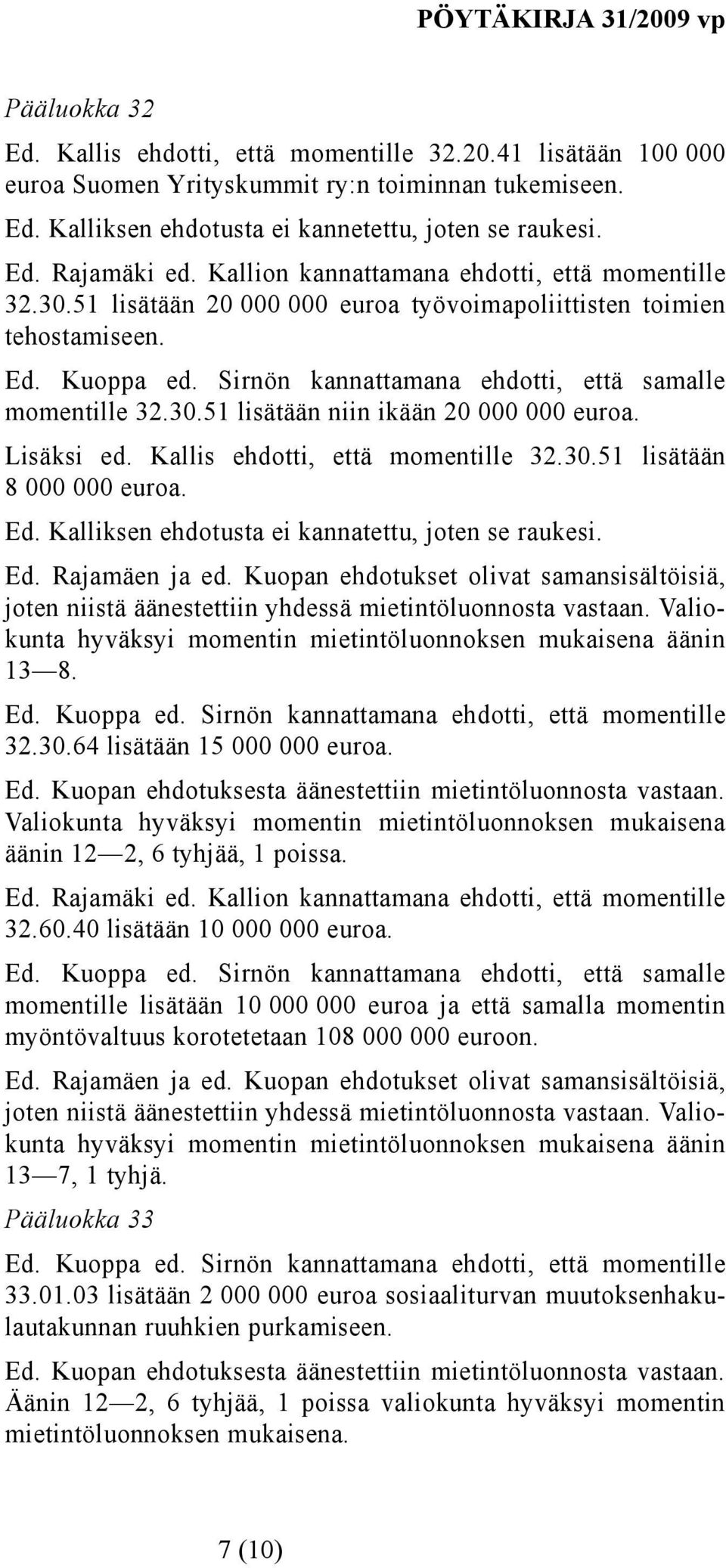 Lisäksi ed. Kallis ehdotti, että momentille 32.30.51 lisätään 8 000 000 euroa. Ed. Kalliksen ehdotusta ei kannatettu, joten se raukesi. Ed. Rajamäen ja ed.