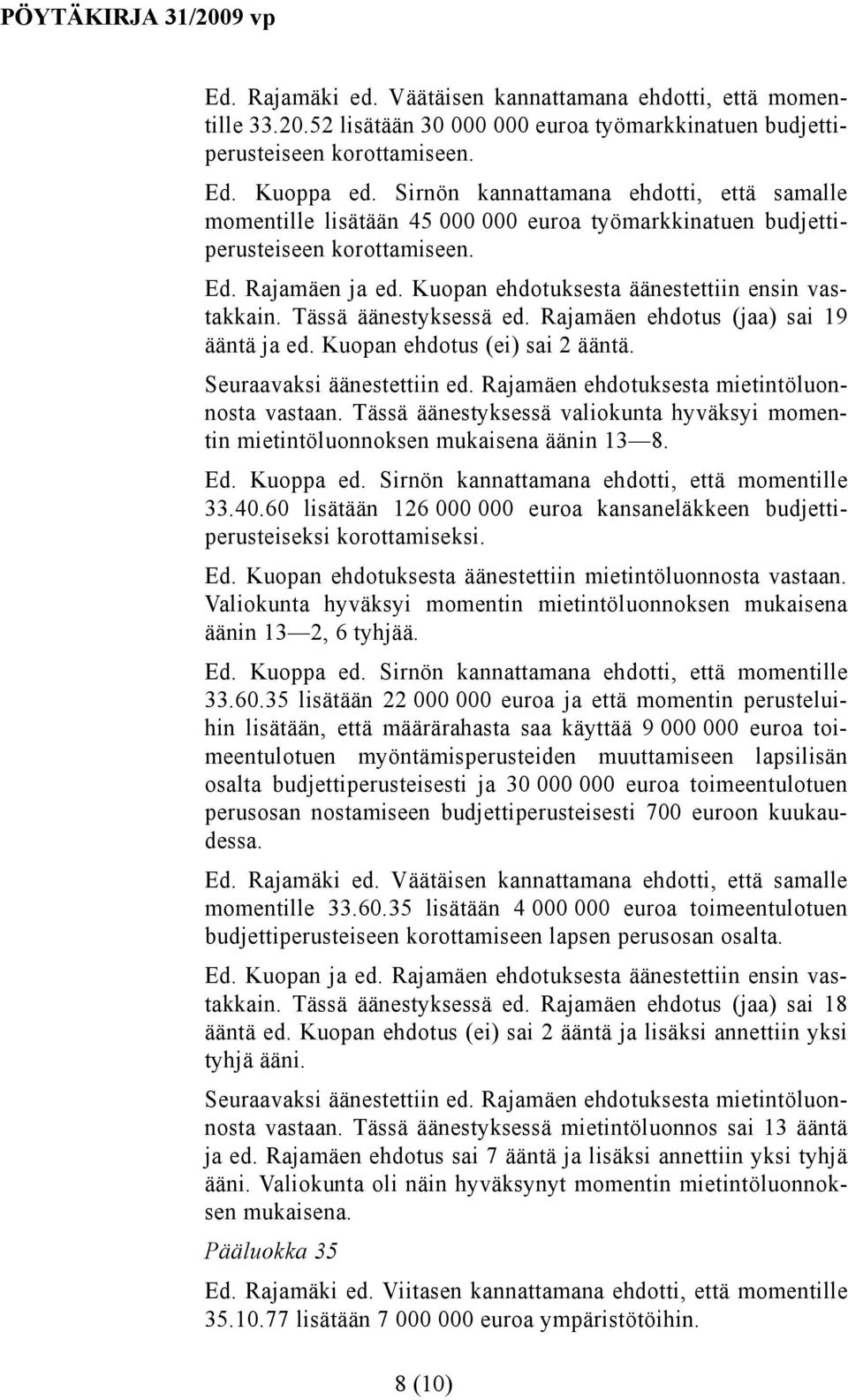 Kuopan ehdotuksesta äänestettiin ensin vastakkain. Tässä äänestyksessä ed. Rajamäen ehdotus (jaa) sai 19 ääntä ja ed. Kuopan ehdotus (ei) sai 2 ääntä. Seuraavaksi äänestettiin ed.