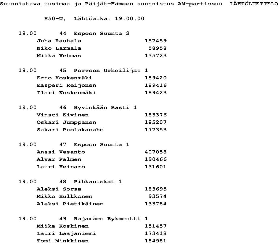 00 46 Hyvinkään Rasti 1 Vinsci Kivinen 183376 Oskari Jumppanen 185207 Sakari Puolakanaho 177353 19.