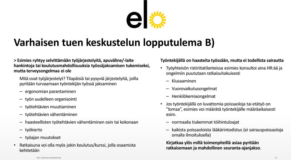 Tilapäisiä tai pysyviä järjestelyitä, joilla pyritään turvaamaan työntekijän työssä jaksaminen ergonomian parantaminen työn uudelleen organisointi työtehtävien muuttaminen työtehtävien vähentäminen