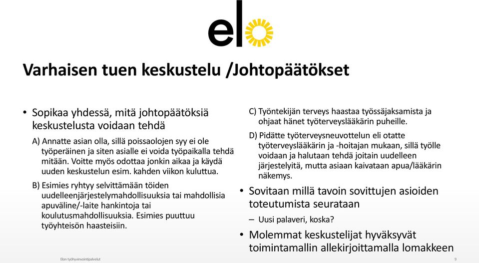 B) Esimies ryhtyy selvittämään töiden uudelleenjärjestelymahdollisuuksia tai mahdollisia apuväline/-laite hankintoja tai koulutusmahdollisuuksia. Esimies puuttuu työyhteisön haasteisiin.