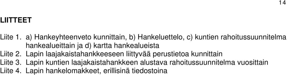 hankealueittain ja d) kartta hankealueista Liite 2.