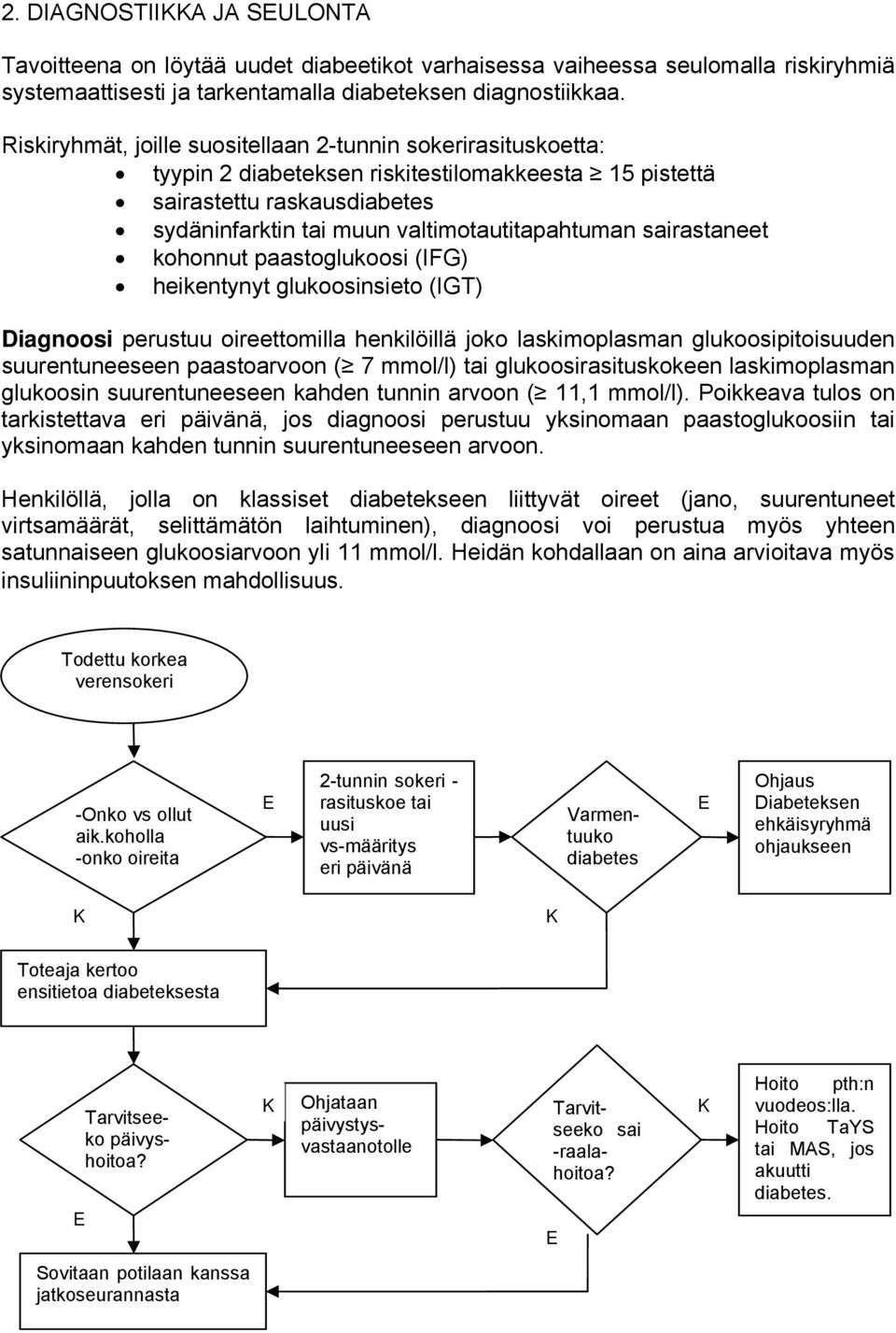 sairastaneet kohonnut paastoglukoosi (IFG) heikentynyt glukoosinsieto (IGT) Diagnoosi perustuu oireettomilla henkilöillä joko laskimoplasman glukoosipitoisuuden suurentuneeseen paastoarvoon ( 7