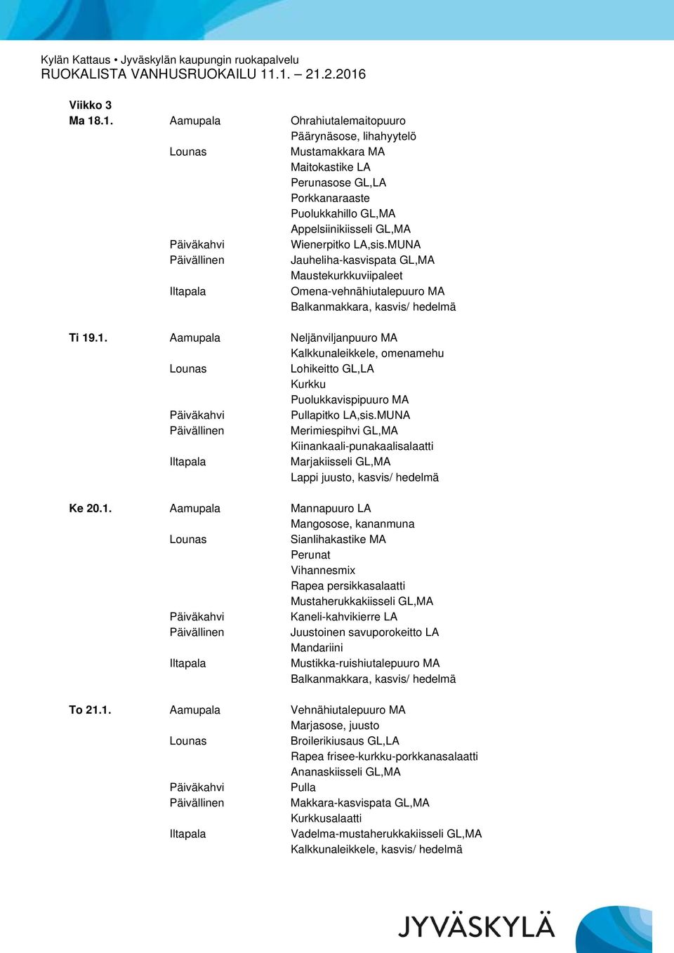 .1. Aamupala Neljänviljanpuuro MA Kalkkunaleikkele, omenamehu Lohikeitto GL,LA Puolukkavispipuuro MA Merimiespihvi GL,MA Kiinankaali-punakaalisalaatti Marjakiisseli GL,MA Lappi juusto, kasvis/