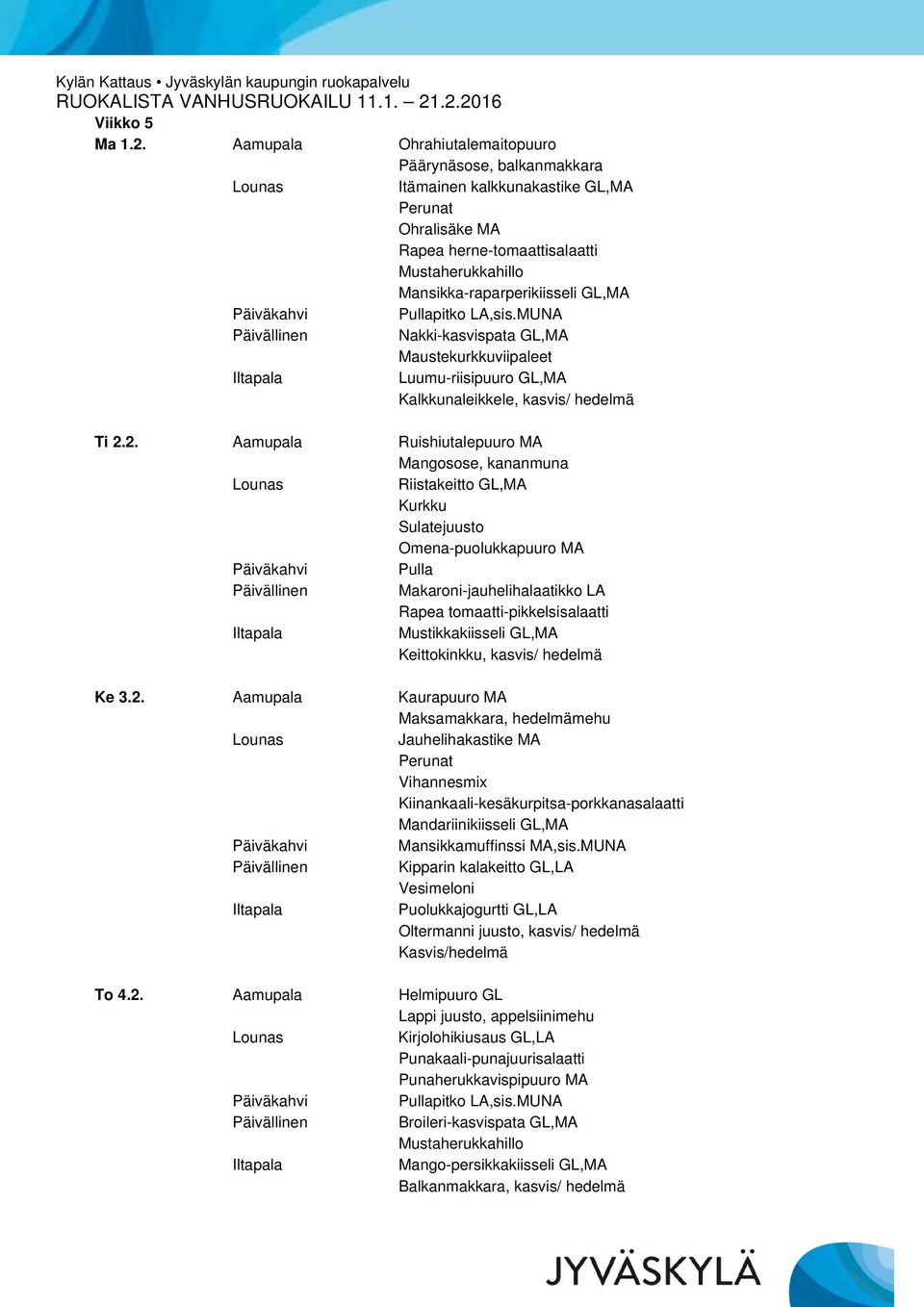 Nakki-kasvispata GL,MA Maustekurkkuviipaleet Luumu-riisipuuro GL,MA Kalkkunaleikkele, kasvis/ hedelmä Ti 2.