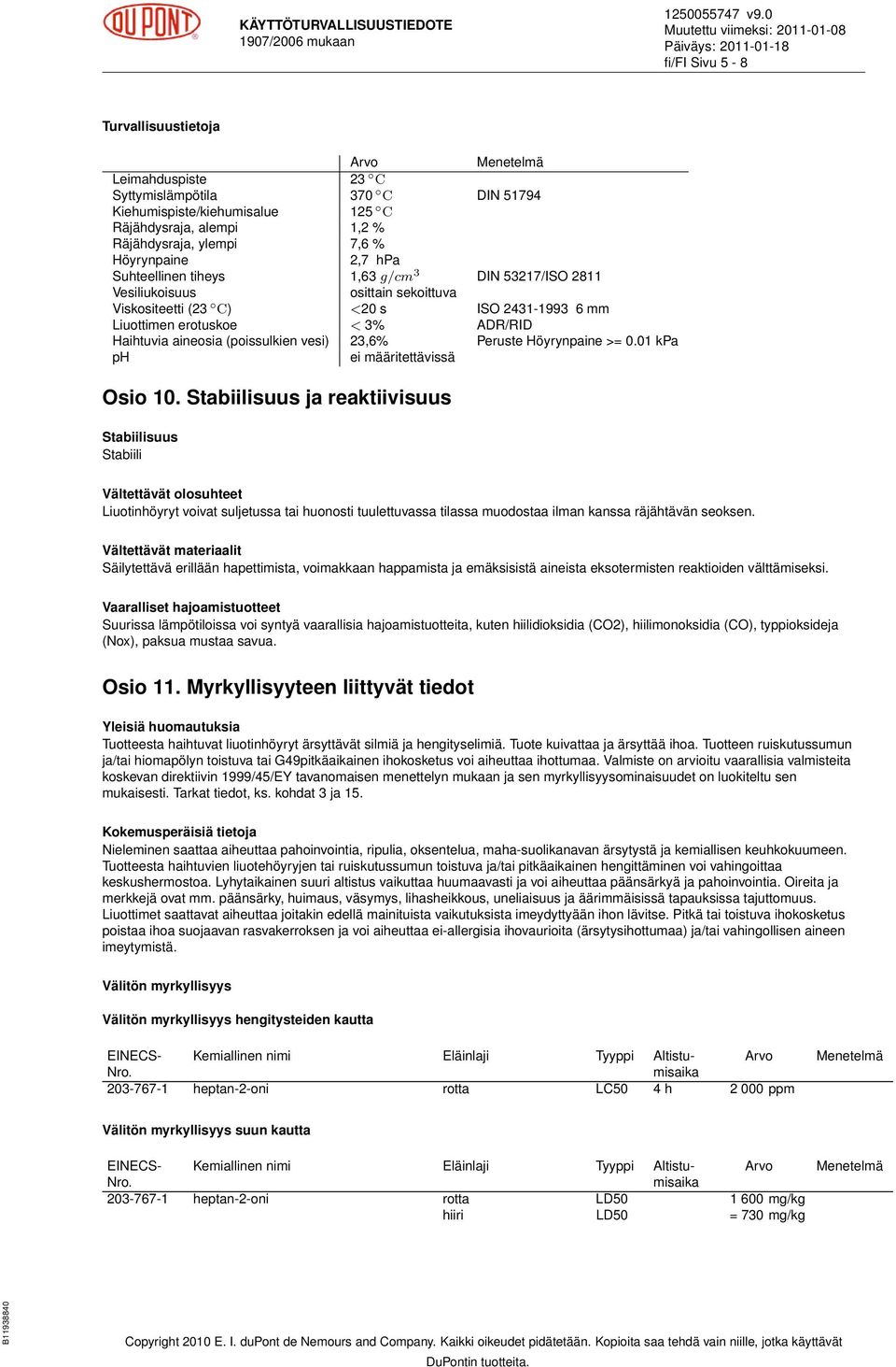 aineosia (poissulkien vesi) 23,6% Peruste Höyrynpaine >= 0.01 kpa ph ei määritettävissä Osio 10.