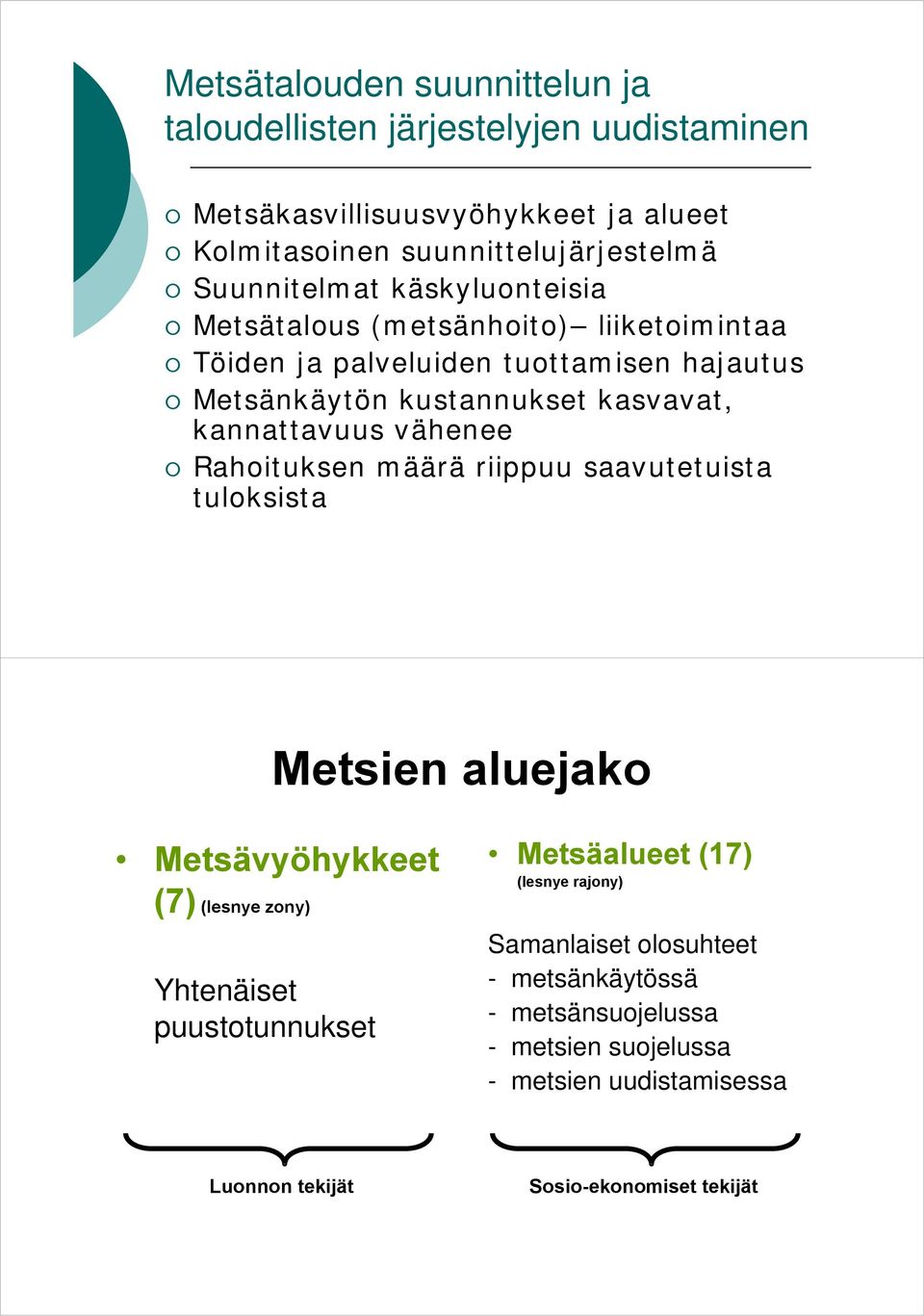 vähenee Rahoituksen määrä riippuu saavutetuista tuloksista Metsien aluejako Metsävyöhykkeet (7) (lesnye zony) Yhtenäiset puustotunnukset Metsäalueet