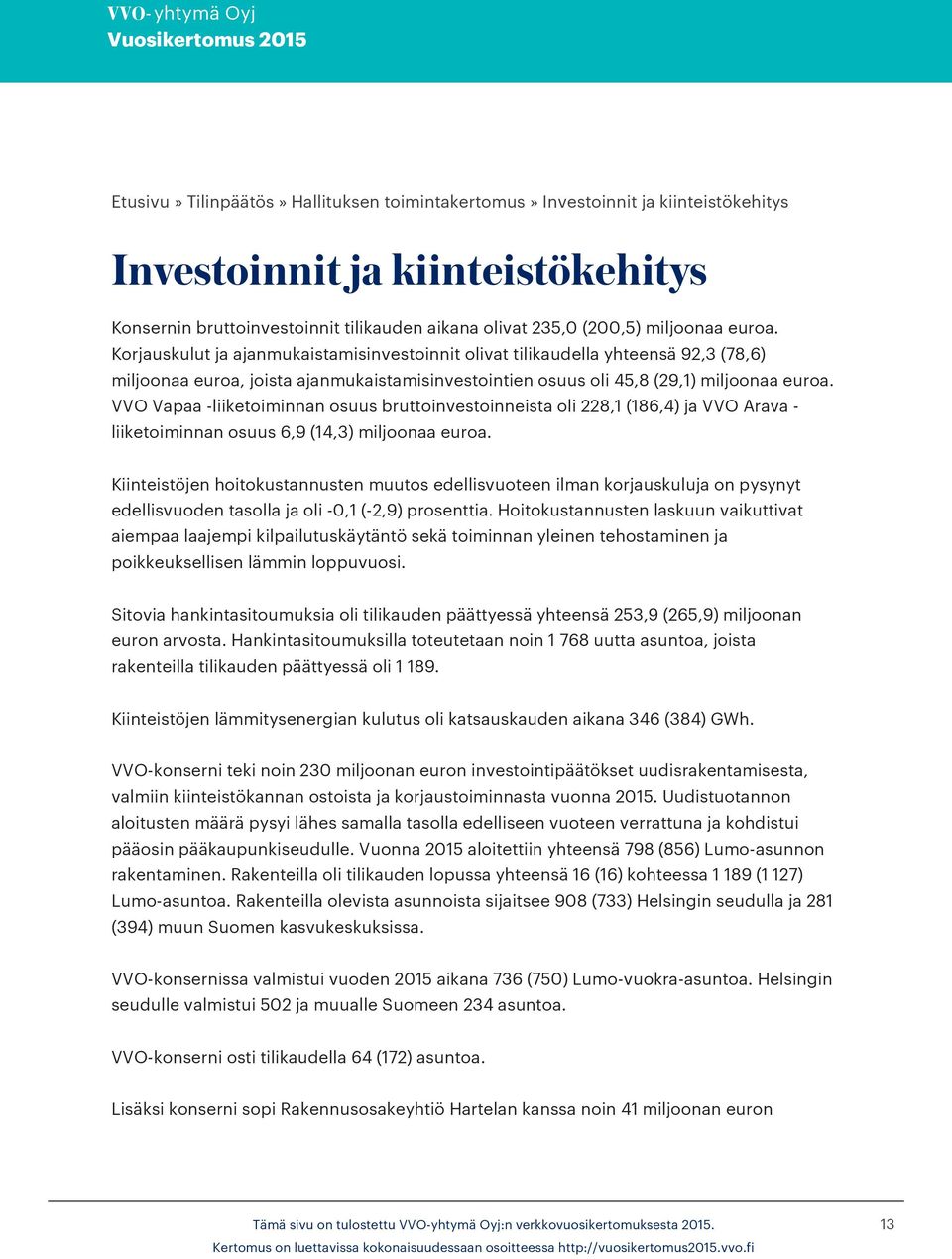 VVO Vapaa -liiketoiminnan osuus bruttoinvestoinneista oli 228,1 (186,4) ja VVO Arava - liiketoiminnan osuus 6,9 (14,3) miljoonaa euroa.