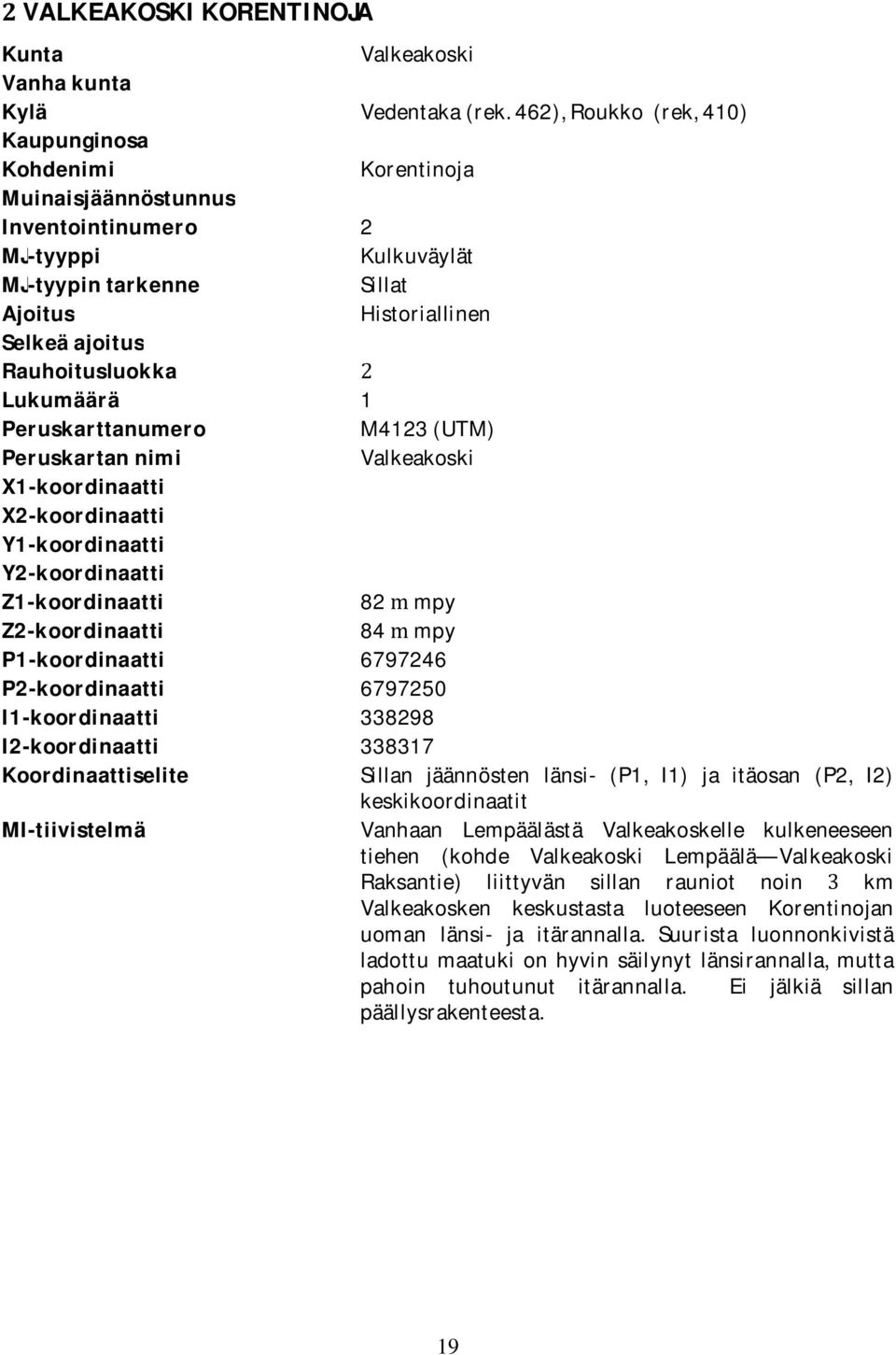 Lukumäärä 1 Peruskarttanumero M4123(UTM) Peruskartannimi Valkeakoski X1-koordinaatti X2-koordinaatti Y1-koordinaatti Y2-koordinaatti Z1-koordinaatti 82mpy Z2-koordinaatti 84mpy P1-koordinaatti