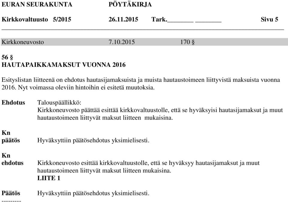 vuonna 2016. Nyt voimassa oleviin hintoihin ei esitetä muutoksia.