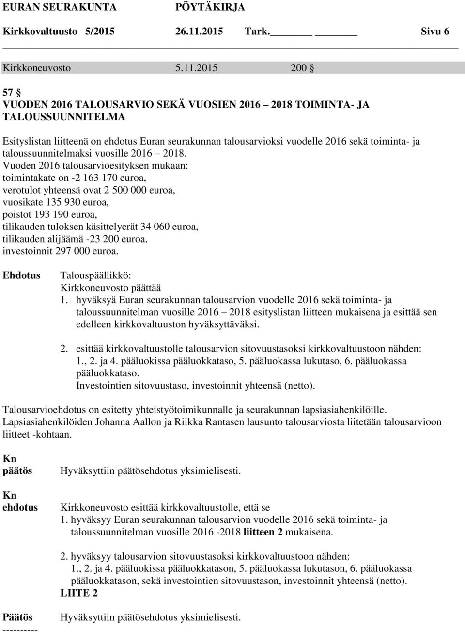 2015 200 57 VUODEN 2016 TALOUSARVIO SEKÄ VUOSIEN 2016 2018 TOIMINTA- JA TALOUSSUUNNITELMA Esityslistan liitteenä on ehdotus Euran seurakunnan talousarvioksi vuodelle 2016 sekä toiminta- ja